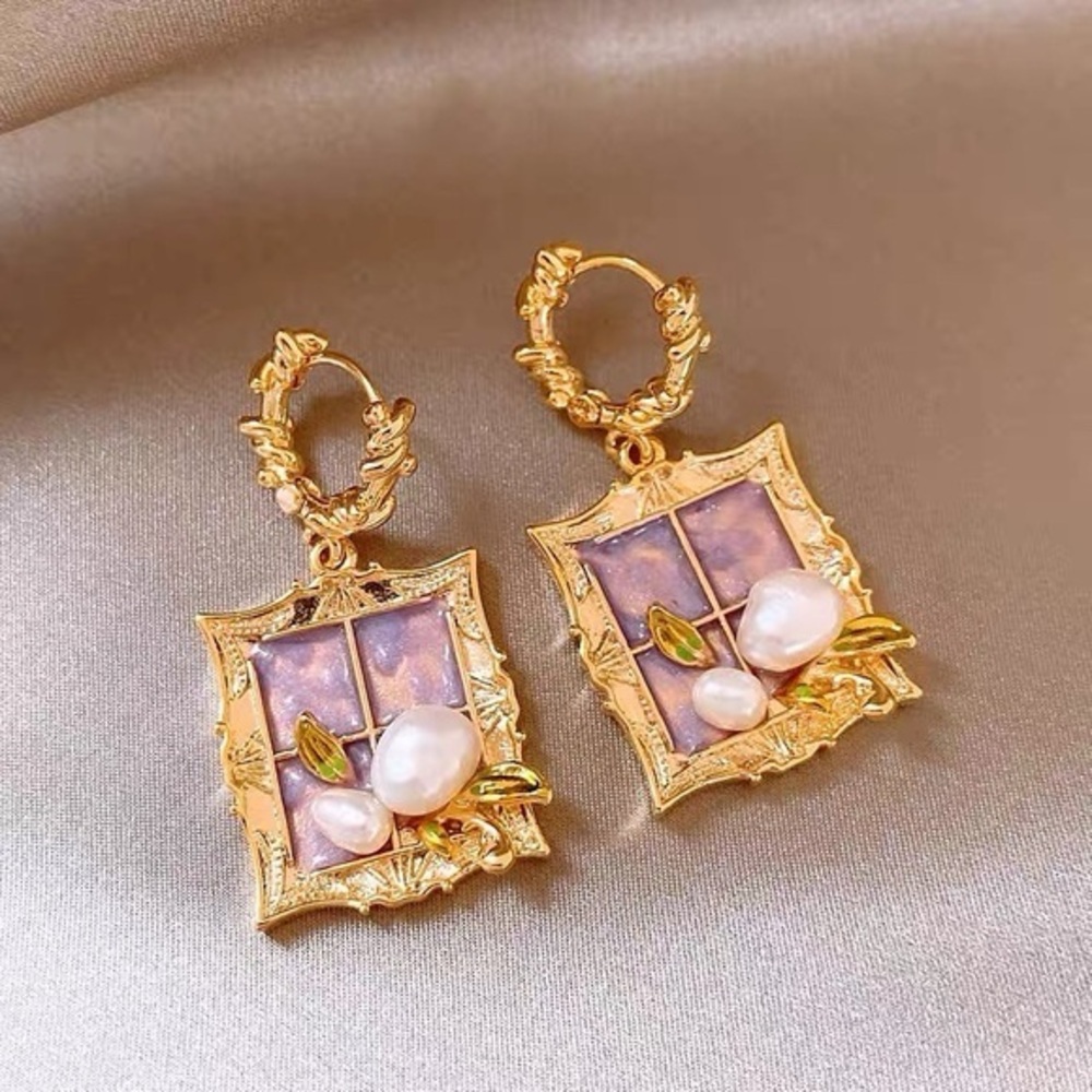 Baroque Pearl Earrings – Monet-Style Purple Window Frame, Vintage style Gold new